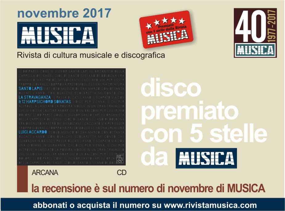 Il disco di Luigi premiato tra i migliori del mese di novembre 2017 dalla prestigiosa rivista "Musica".